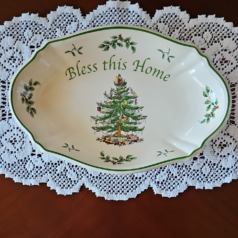Spode Christmas Tree Oval Dish/Tray "Bless This Home"